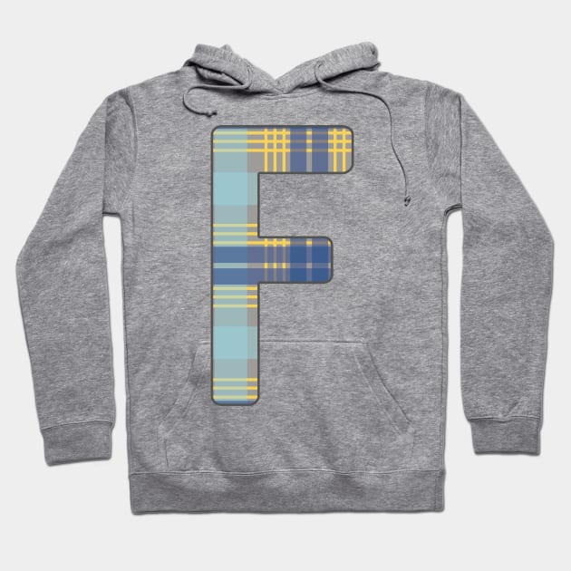 Monogram Letter F, Blue, Yellow and Grey Scottish Tartan Style Typography Design Hoodie by MacPean